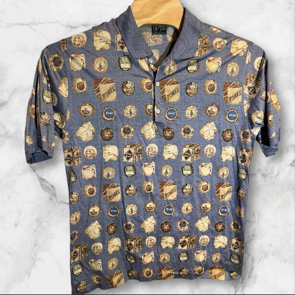 VTG BOBBY JONES Men XL Classic Golf‎ Ball AOP Cotton Polo Shirt MADE IN ITALY